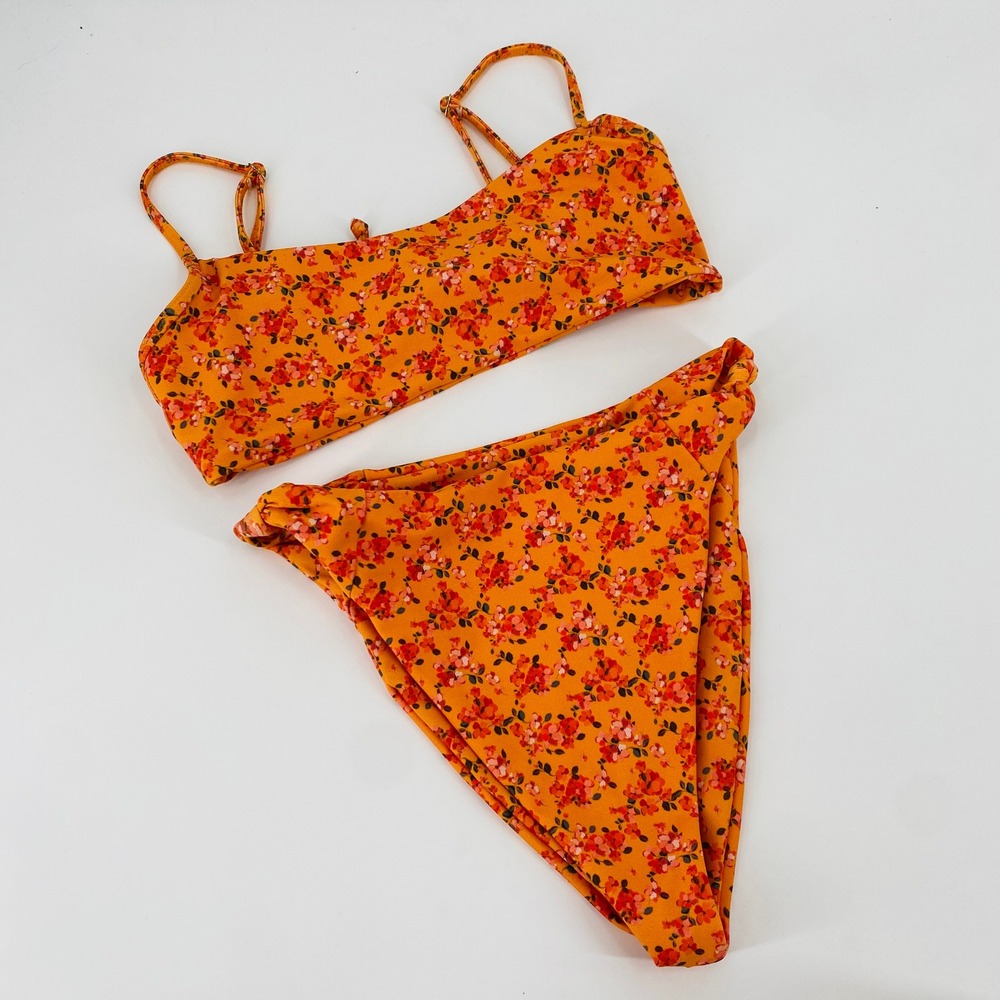 SKATIE Bikini Set S/M Orange Floral High Cut Scoop Neck 2 Piece Swimsuit